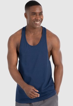 Marineblaues Tanktop aus leichtem Stoff, mit Rundhalsausschnitt und ärmellosem Design. Glatte Textur mit entspannter Passform.