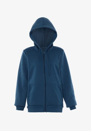 Tamsiai mėlynas džinsinis gaubtas su užtrauktuku, reguliuojama kapa, elastingomis rankovėmis ir dviem priekinėmis kišenėmis, pagamintas iš minkštos, patogios medžiagos.