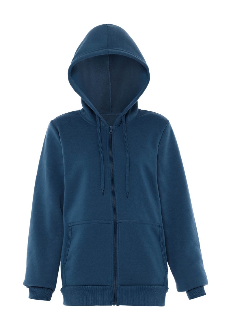 Námořnická modrá mikina na zip s kapucí na šňůrky, žebrovanými manžetami a dvěma předními kapsami, vyrobena z měkké a pohodlné tkaniny.