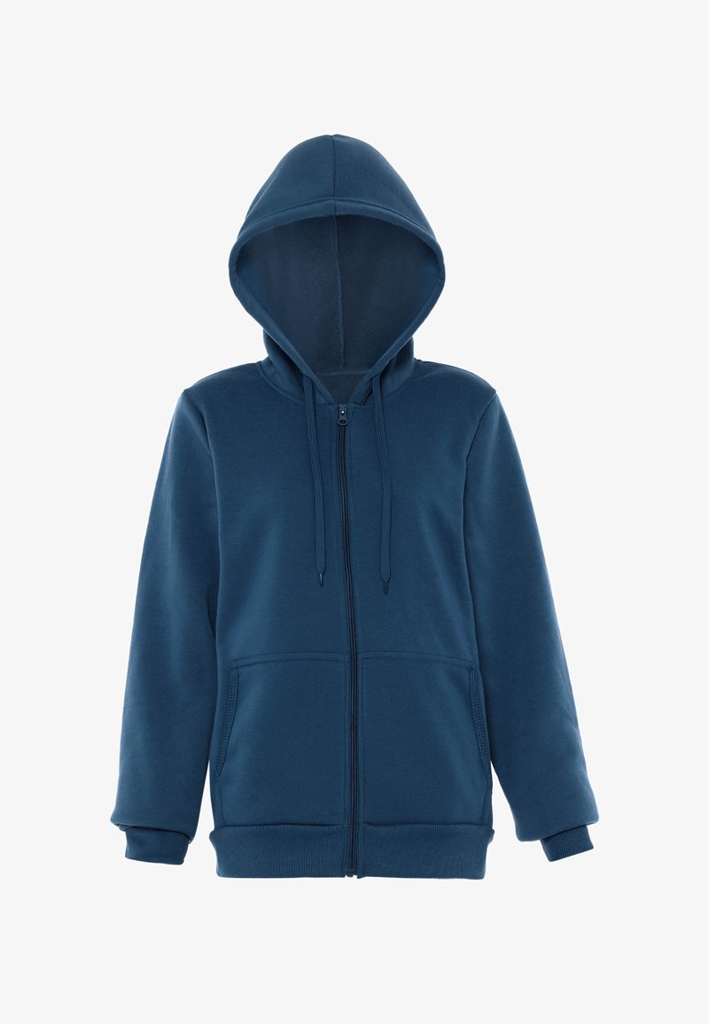 Námořnická modrá mikina na zip s kapucí na šňůrky, žebrovanými manžetami a dvěma předními kapsami, vyrobena z měkké a pohodlné tkaniny.