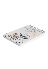 Quaderno ad anelli con copertina bianca decorata con pois neri, un'illustrazione di un cane in stile cartoon e il testo "HEUTE IST EIN guter Tag" in arancione.