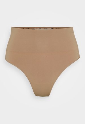 Calcinhas beige modeladoras sem costura de cintura alta com bordas limpas e tecido suave, projetadas para moldar o corpo e proporcionar conforto.