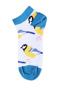 Weißer Socken mit blauen Bündchen und Zehen, verziert mit einem Muster aus gelben und blauen Vögeln auf weißem Hintergrund. Weiches Material mit Stretch.