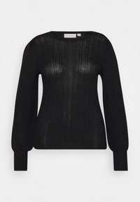 Zwarte gebreide trui met lange, opbollende mouwen en een ribbeltextuur. Heeft een ronde halslijn en aansluitende manchetten. Glanzende draadjes voegen details toe.