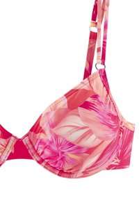 Push-up beha met bloemenprint in roze en perziktinten, van gladde stof, met verstelbare schouderbanden en een haaksluiting op de rug.