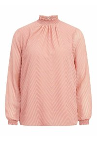 Blusa a maniche lunghe con collo alto di un delicato colore rosa, caratterizzata da un motivo a zigzag testurizzato e polsini elasticizzati per una vestibilità regolabile.