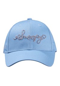 Cappellino da baseball azzurro chiaro con ricamo in filo argentato della scritta "Snoopy". Design strutturato con visiera curva e occhiali di ventilazione.