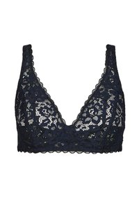 Marinblå spets-bh med djup urringning, vågiga kanter och blommönster, tillverkad av lätt, halvgenomskinlig tyg.