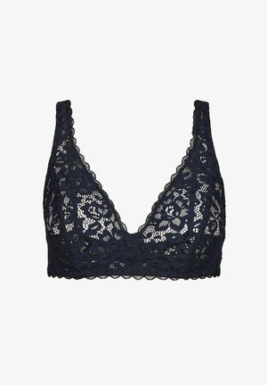 Navy Spitzen-Bralette mit tiefem Ausschnitt, gewellten Kanten und floralen Mustern, gefertigt aus leichtem, halbtransparentem Stoff.