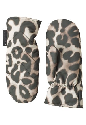 Paire de moufles matelassées avec motif animaux gris et beige et poignet élastique sur fond blanc.