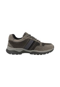 Sneaker in suede grigio e mesh con dettagli neri, punta testurizzata, lacci tondi e suola in gomma. Presenta due strisce grigie sui lati.