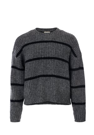 Grijze gebreide trui met een geribbelde structuur en horizontale marineblauwe strepen. Het heeft een ronde hals en een losse pasvorm.