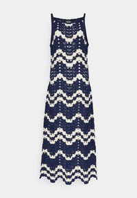 Abito in pizzo con motivo a onde blu navy e crema, con design senza maniche e orlo ondulato. Tessuto leggero e traspirante.