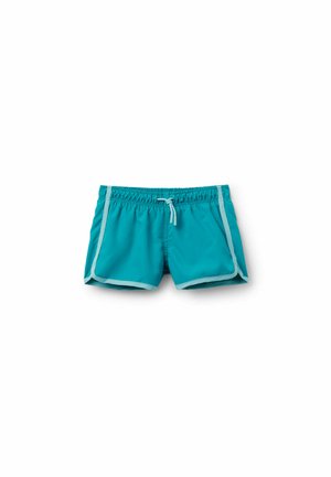 Shorts de sport bleus avec bordure bleu clair et cordon frontal, posés à plat sur un fond blanc.