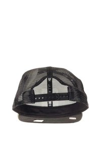 Black mesh cap with a solid fabric brim. Features adjustable snapback and brand label inside. Interior is lined with a light fabric.