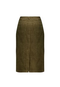 Olijfgroene corduroy rok met een getailleerde taille, achterzakken en een achterkant met een vent voor gemakkelijke beweging. Getextureerde ribbelstof.