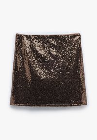 Bruine pailletten minirok met een gestructureerd oppervlak en een glanzende afwerking, ontworpen voor een aansluitende pasvorm met een elastische tailleband.