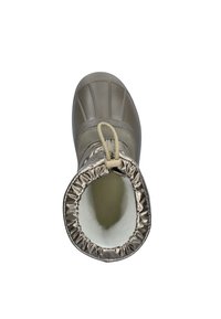 Brauner wasserdichter Stiefel mit einer glatten Gummiausführung, abgerundeter Spitze und weichem Stofffutter; verfügt über einen Kordelzug am oberen Schaft.