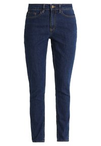 Dunkelblaue Denim-Jeans im Slim-Fit-Schnitt, mit Fünf-Taschen-Design, Metallknopfverschluss und orangefarbigen Stichdetails an den Taschen und Nähten.