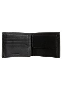 Zwarte leren bifold portemonnee met meerdere kaartsleuven aan de linkerkant en een muntzakje met flap aan de rechterkant.