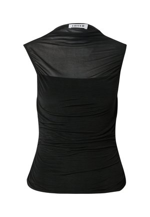 Zwarte mouwloze top met een gedrapeerde textuur, ruchingdetail op het lichaam en een zachte, lichte stof. Etiket zegt "EDITED."