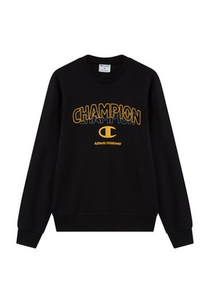 Zwarte sweatshirt met gele "CHAMPION"-logo, geribbelde manchetten en zoom, ronde hals, met zachte textuur en atletische pasvorm.