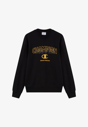 Czarna bluza z żółtym logo "CHAMPION", z prążkowanymi mankietami i ściągaczem, dekolt typu crew, o miękkiej teksturze i sportowym kroju.