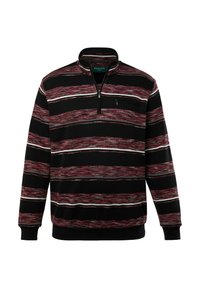 Czarny pulower z kapturem z czerwonymi i białymi poziomymi paskami. Posiada zamek błyskawiczny przy kołnierzu oraz małą kieszonkę na klatce piersiowej. Miękka tekstura materiału.