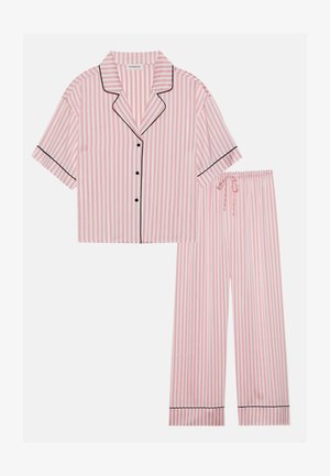 Pink and white striped short-sleeve pajama top with black piping and button closure, paired with matching loose-fitting pants.
