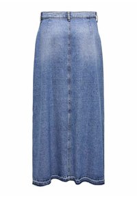 Jeanskjol, ljusblå, knälängd, rak klippning, har bältesöglor, framfåll och subtila sömnadsdetaljer i fållen.