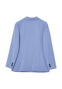 Blazer azzurro chiaro con colletto a rever, maniche lunghe, quattro bottoni neri sui polsini e uno spacco sul retro.