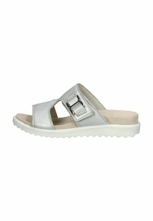 Silver leather slide sandal with an adjustable buckle, open-toe design, and a textured white outsole featuring a zigzag pattern.