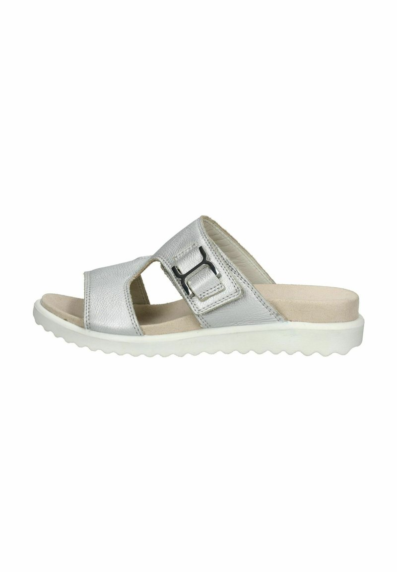 Sandal in pelle argentata con fibbia regolabile, design open-toe e suola bianca testurizzata con motivo a zigzag.