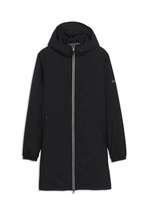 Schwarze Outdoor-Jacke mit Reißverschluss vorne, verstellbarem Kapuzen und zwei Seitentaschen. Verfügt über elastische Bündchen und ein einfaches, elegantes Design.