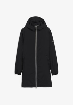 Sort udendørsjakke med lynlås foran, justerbar hætte og to sidelommer. Har elastiske manchetter og en simpel, strømlinet design.
