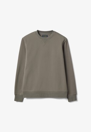 Langärmliges olivgrünes Sweatshirt mit Rundhalsausschnitt, gerippten Bündchen und Saum, mit einem kleinen "essentials" Markenetikett innen am Kragen.