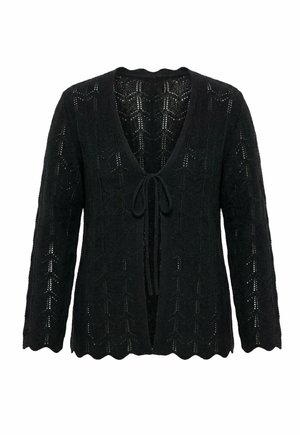 Cardigan nero lavorato a maglia con maniche lunghe, apertura frontale, chiusura con laccio e bordi smerlati con motivo a pizzo a chevron.