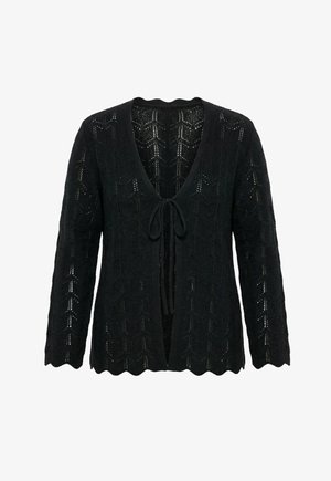 Schwarze gestrickte Strickjacke mit langen Ärmeln, offenem Vorderteil, Binderverschluss und gezackten Rändern mit Chevron-Spitzenmuster.