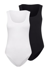 Twee mouwloze body’s, één wit en één zwart, gemaakt van een soepele katoenmix, met een ronde hals en een lichaamseigen ontwerp.