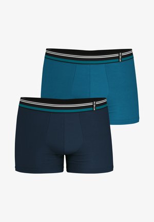 Deux paires de boxers pour hommes en teal et marine. Fabriqués en tissu doux, avec une ceinture noire ornée de rayures bleu et blanc.