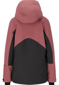 Vattentålig jacka med tvåfärgad design i rosa och svart, justerbar huva och flera funktionella fickor. Slät textur.