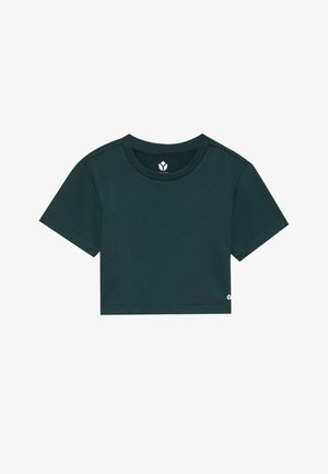 T-shirt cropped in cotone verde scuro, con scollatura tondeggiante, maniche corte e un piccolo logo all'orlo. Texture liscia.