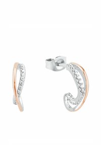 Sömlösa stora hoops i silver och roséguld med en rad små klara ädelstenar, en visas framifrån och en visas från sidan.