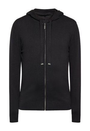 Schwarzer Zip-Hoodie mit langen Ärmeln und Kordelzug, mit figurbetontem Schnitt und gerippten Bündchen sowie Saum.