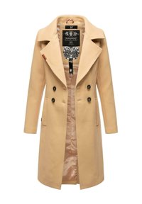 Beige wollen blended jas met een dubbelzijdig ontwerp, gelapte kraag, zwarte knopen en satijnen voering. Beschikt over twee zijzakken.