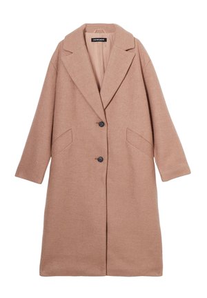 Manteau en laine couleur camel avec un col à revers, deux poches avant et une fermeture à bouton ; coupe décontractée avec épaulettes tombantes.
