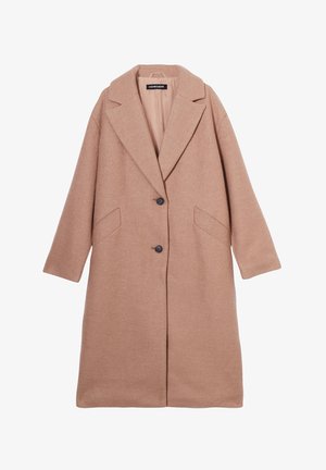 Camel-kleurige wollen jas met een geknipte kraag, twee voorkezen en een knoopsluiting; relaxte pasvorm met verlaagde schouders.