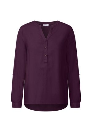 Dunkelviolette Bluse mit langen Ärmeln, V-Ausschnitt, dezenten Knöpfen und geknöpften Manschetten. Glattes Material mit leicht geschwungenem Saum.