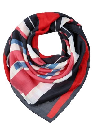 Mehrfarbiger Schal aus leichtem Stoff mit geometrischen Mustern in Rot, Blau, Weiß und Schwarz, dreieckiger Form und weicher Textur.