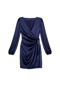 Robe en satin marine avec de longues manches ballon, un décolleté en V profond et un détail en nœud torsadé à la taille. Texture lisse avec une silhouette ajustée.